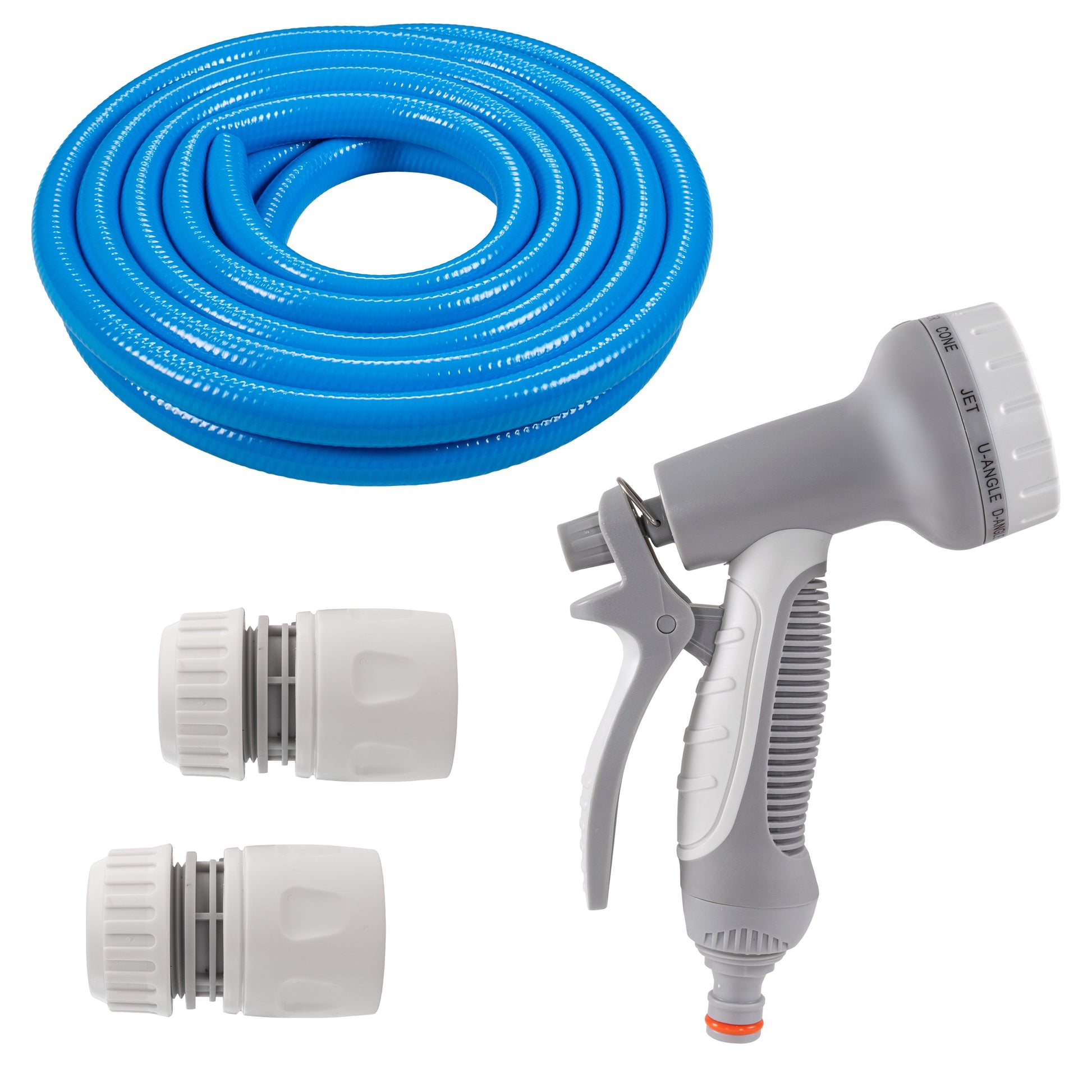 Dog shower kit: blue hose with grey spray gun and two white connectors