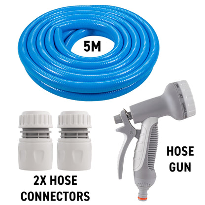 Dog shower kit parts: 5m blue hose, 2 hose connectors, spray gun