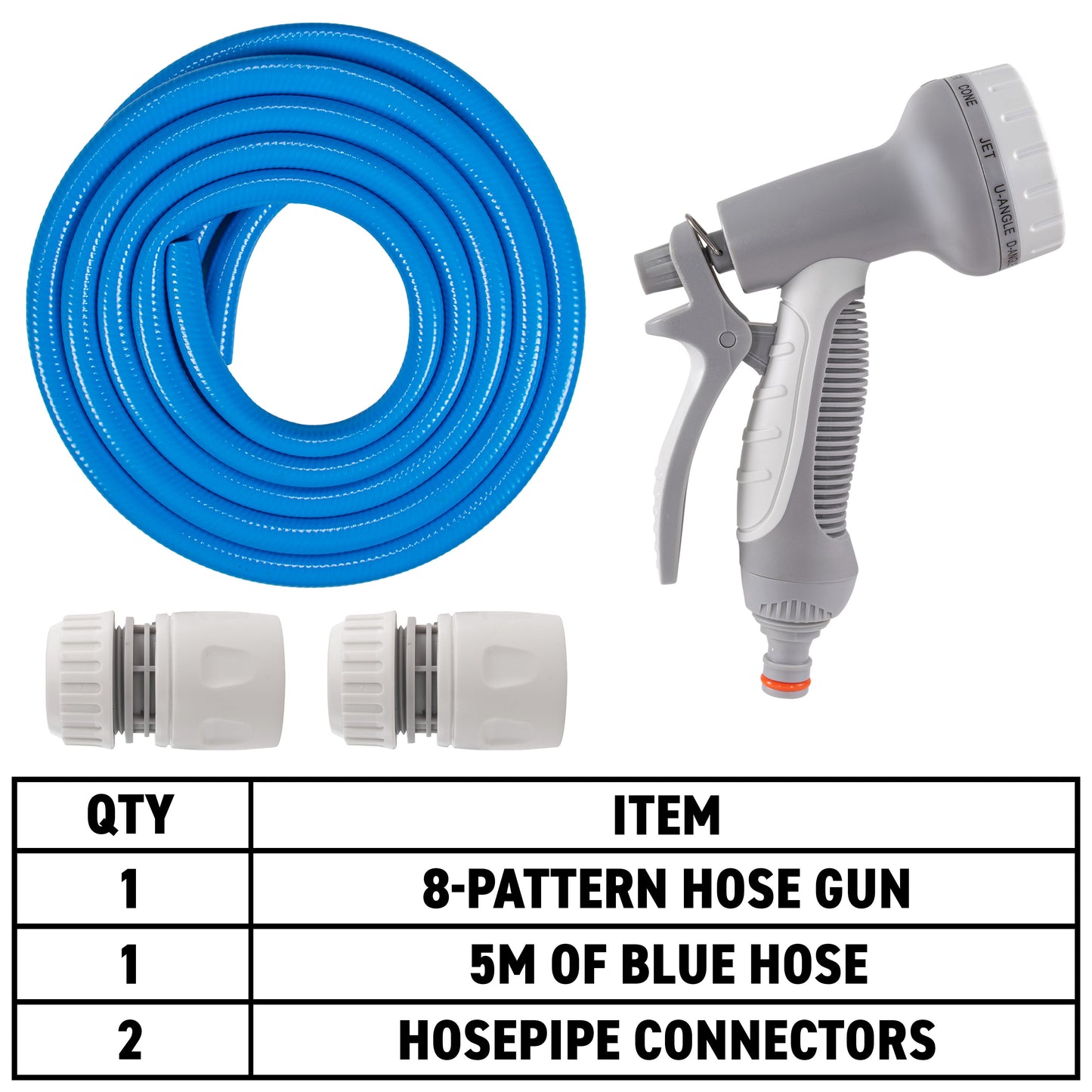 Dog shower kit bundle: blue hose, grey hose gun, and two white connectors