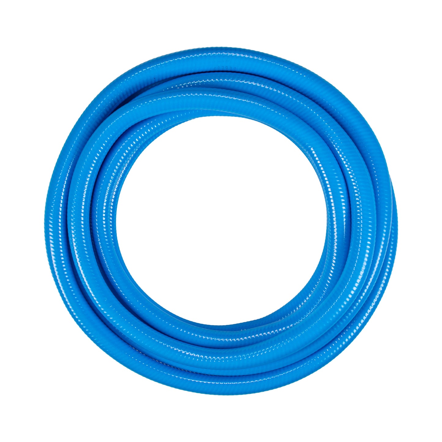 Blue garden hose, coiled, for dog shower kit cold water