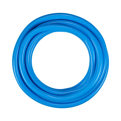 Blue garden hose, coiled, for dog shower kit cold water