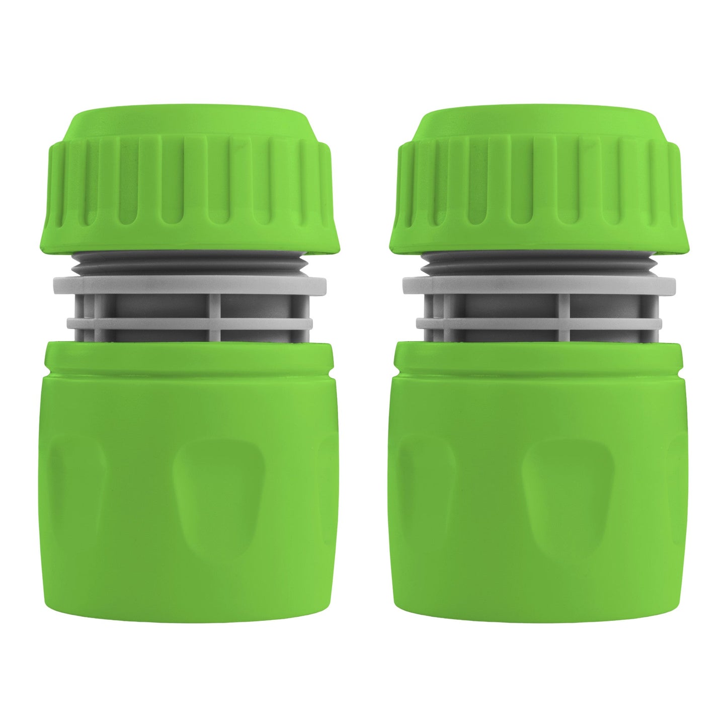 Two green hosepipe connectors with ridged grips and gray inserts
