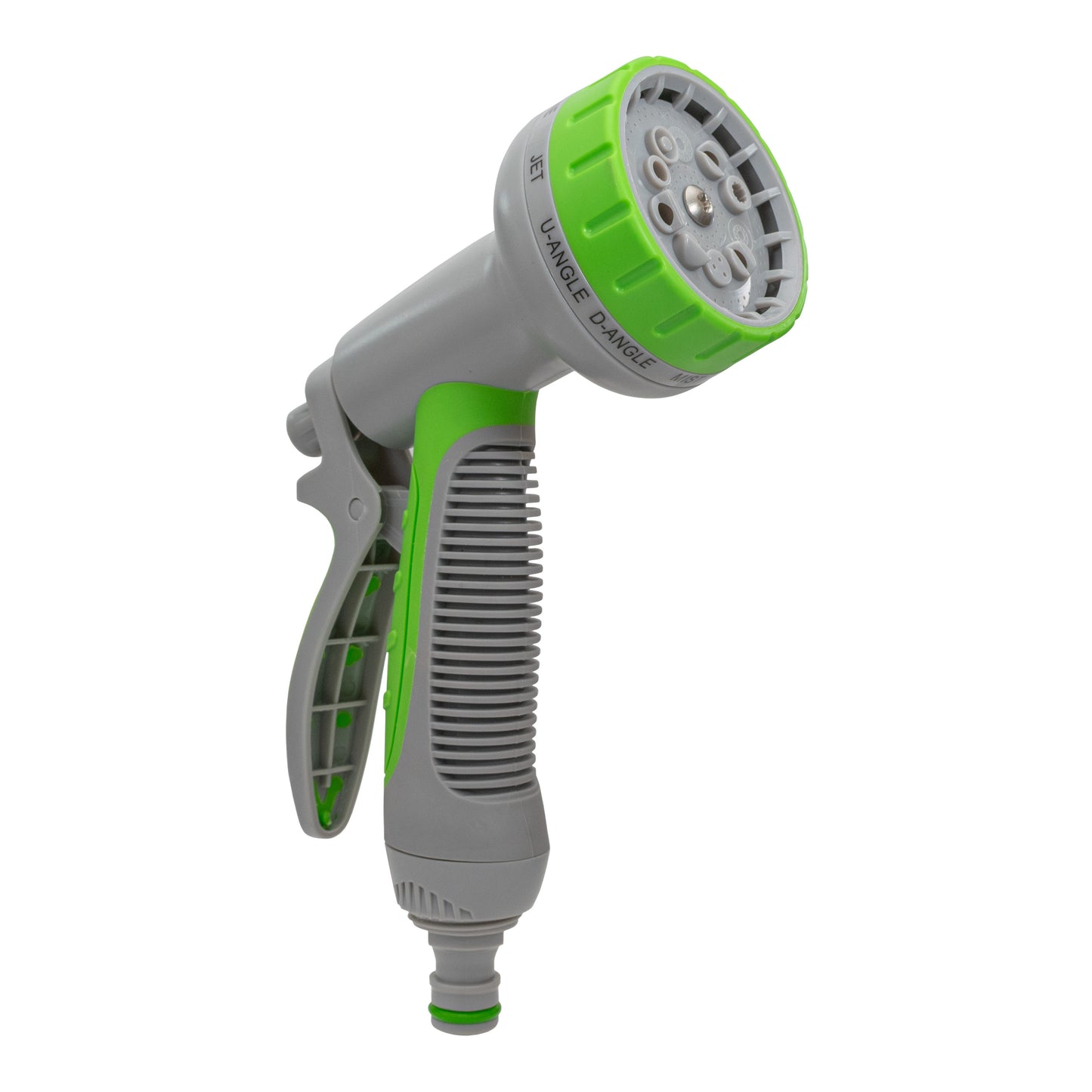 Green hose sprayer for dog shower kit with spray head facing camera