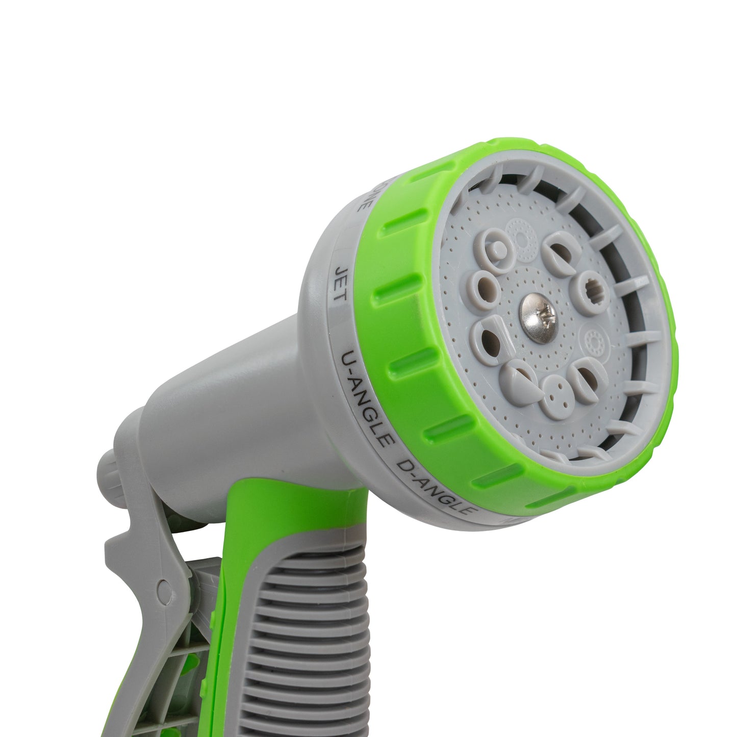 Close-up of green dog shower kit shower head with visible nozzles and jets