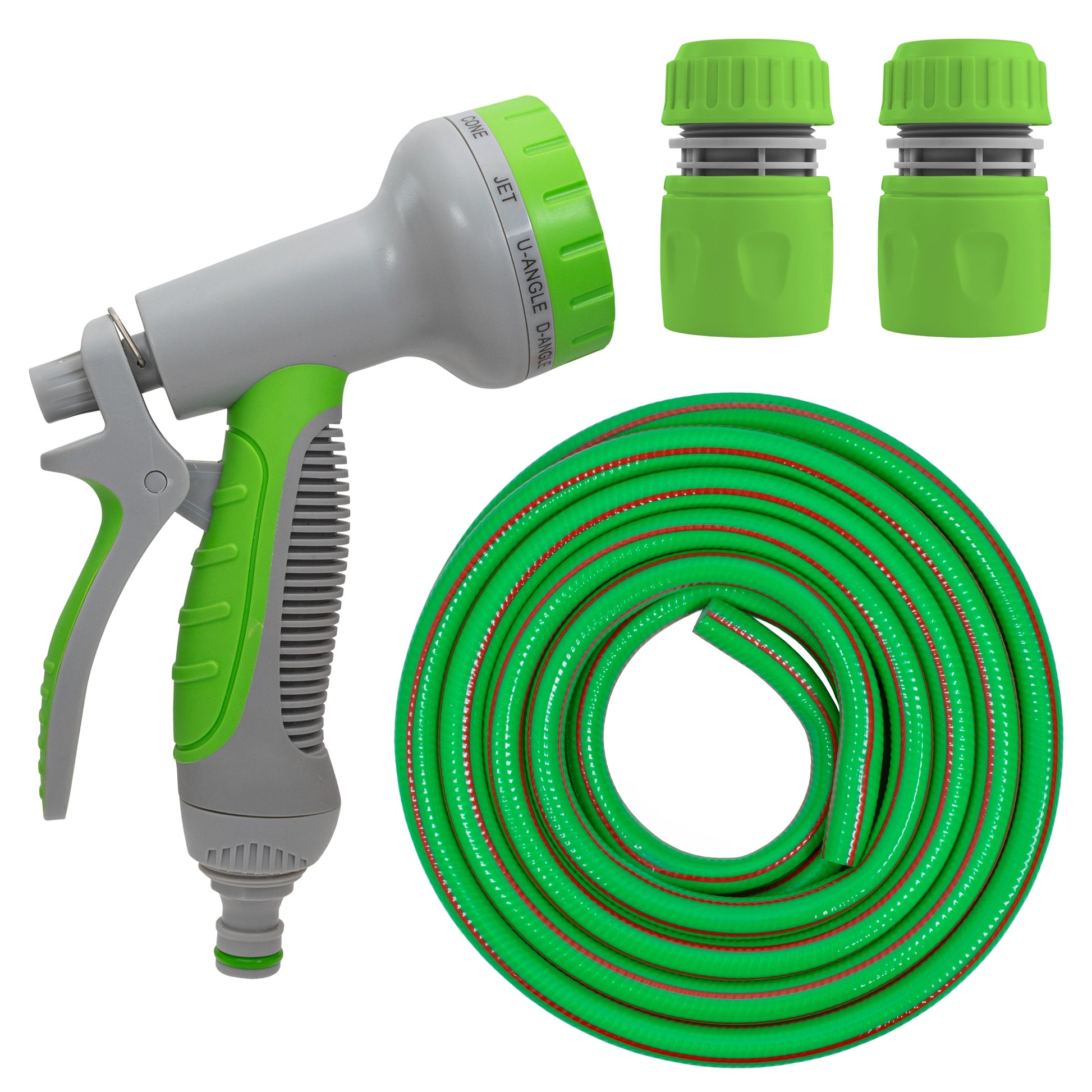 Cold-water hose gun with green hose coil and included green hose connectors