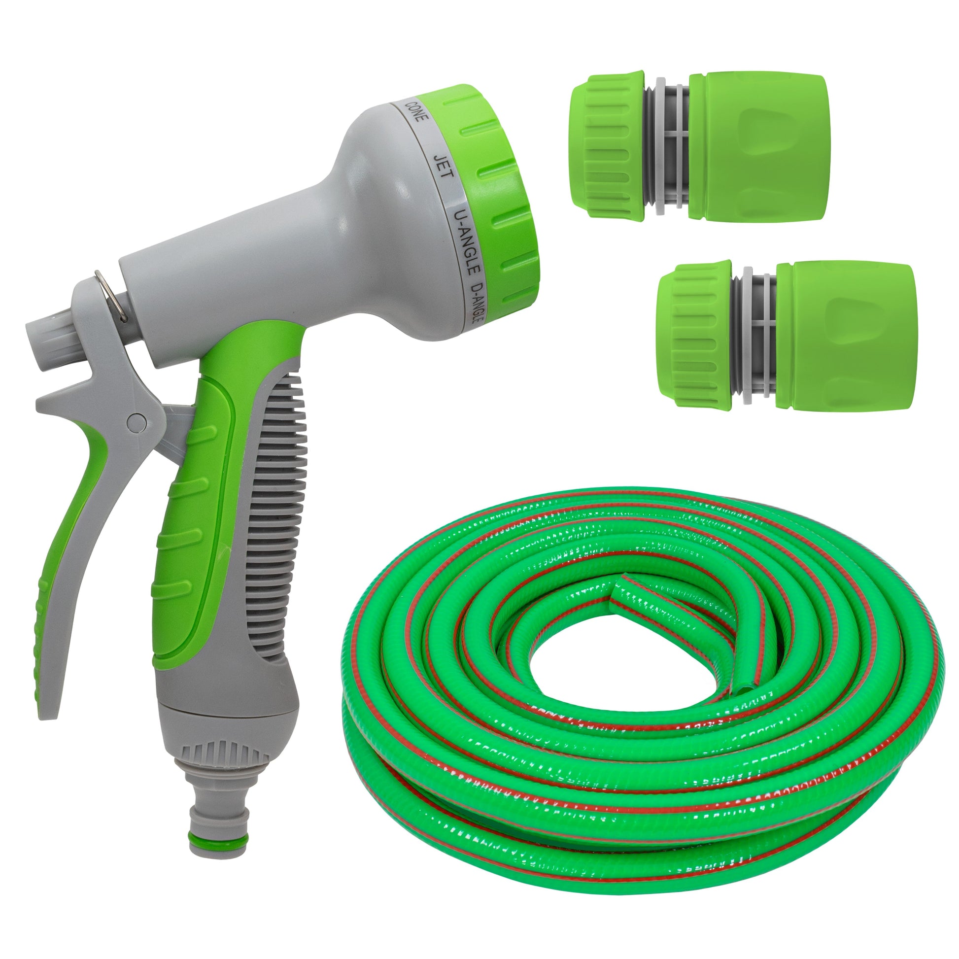 Cold-water hose gun with green hose coil and two green hosepipe connectors