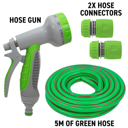 Green garden hose with red stripe coil for dog shower kit cold water