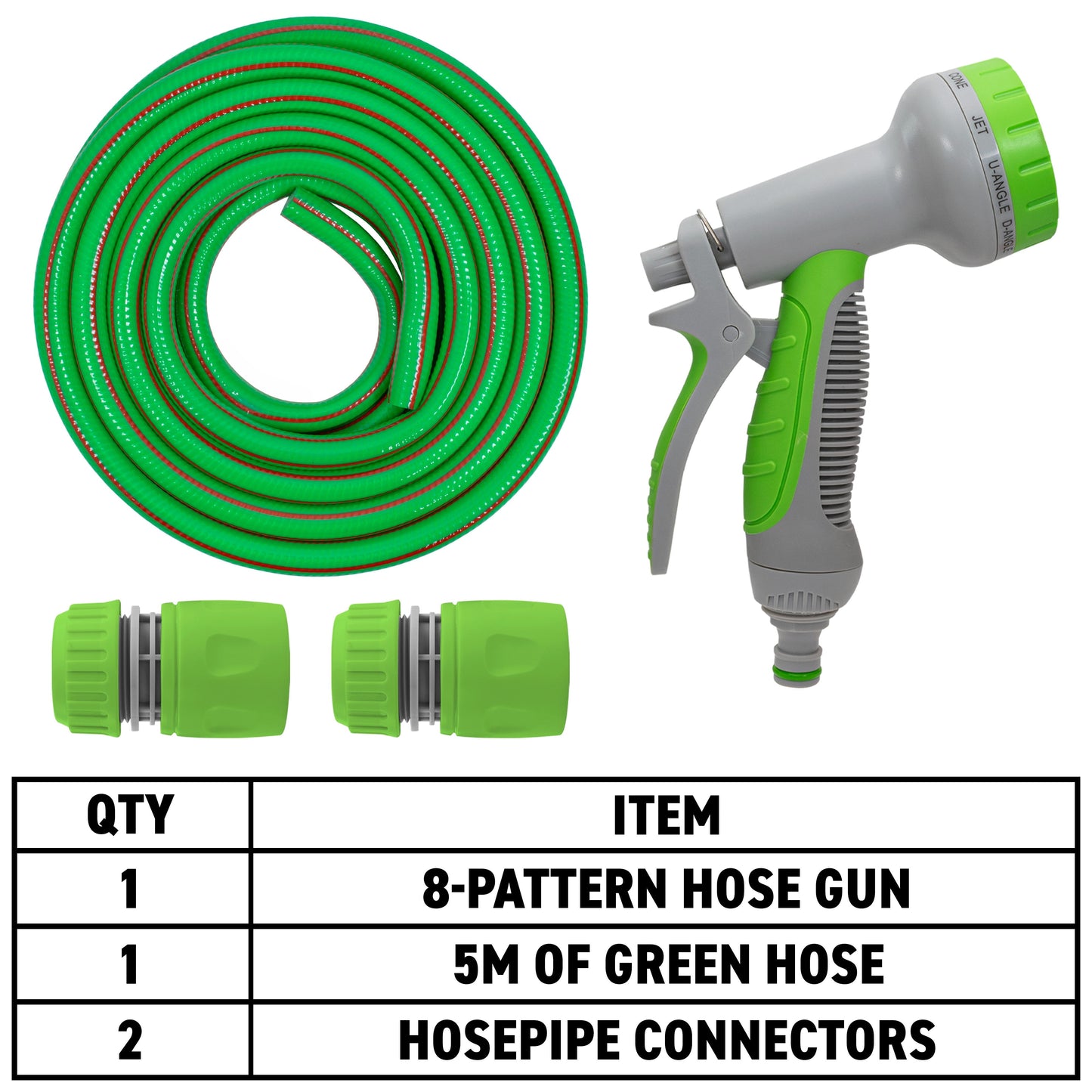 Green hose coil with red stripe and white-gray hose gun for dog shower kit