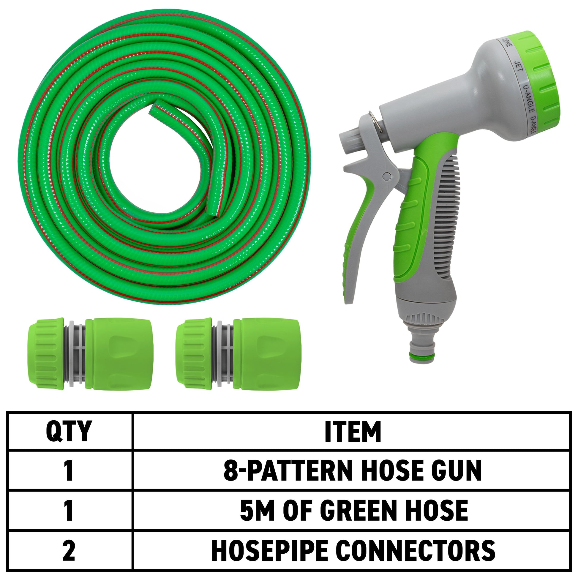 Green hose coil with red stripe and white-gray hose gun for dog shower kit