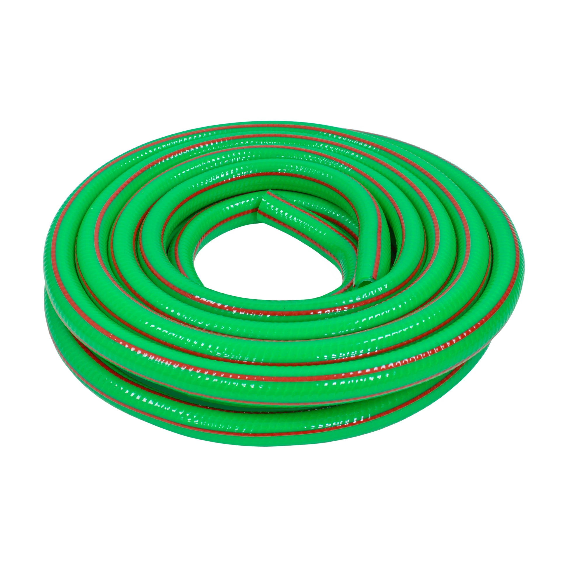 Coiled green hose with red stripe, looped and ready for dog shower kit use