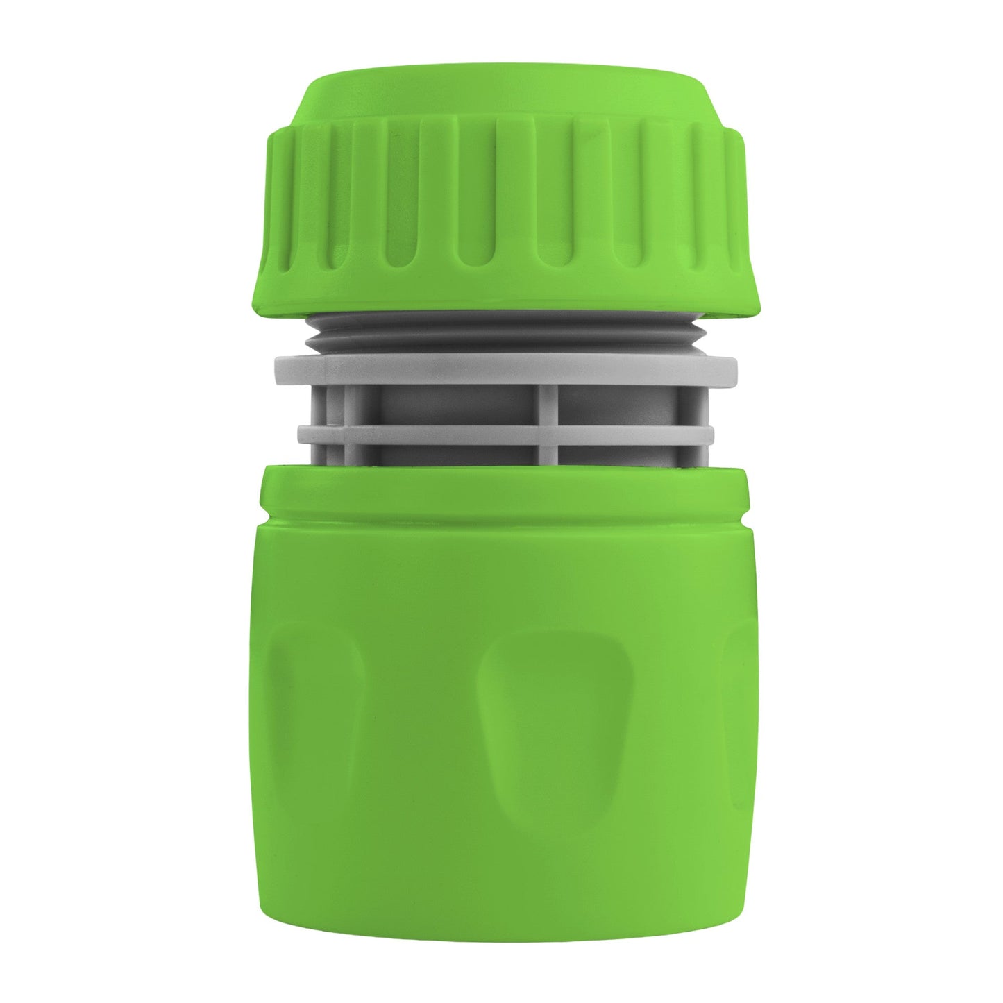 Green hosepipe connector with ridged grip and gray insert