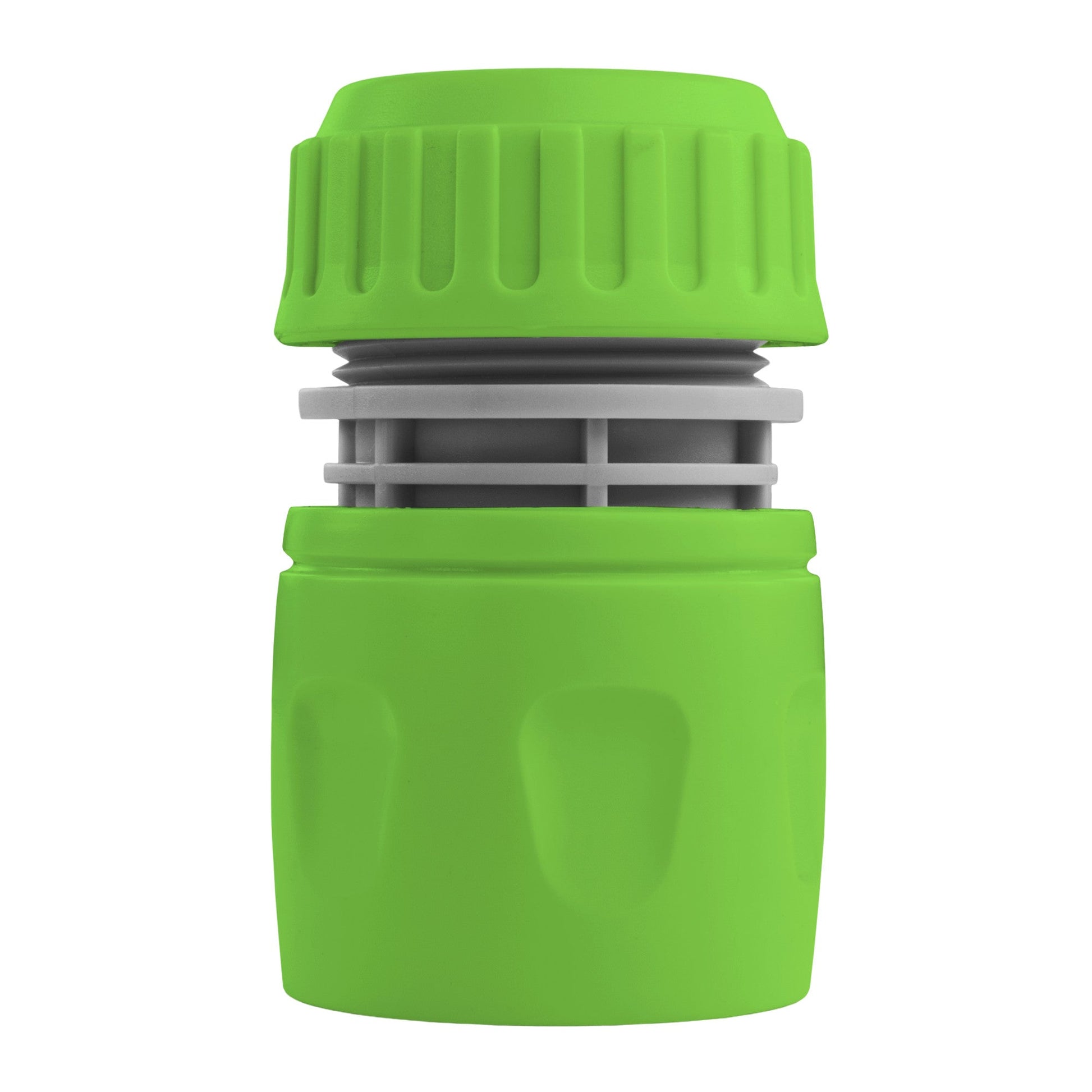 Green hosepipe connector with ridged grip and gray insert