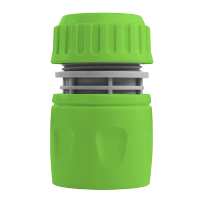 Green hosepipe connector with ridged grip and gray insert