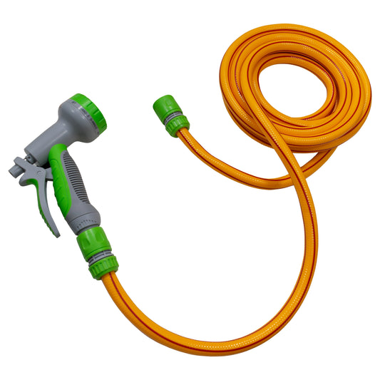 Orange/yellow 5m hose with green connectors and grey-green hose gun for dog shower