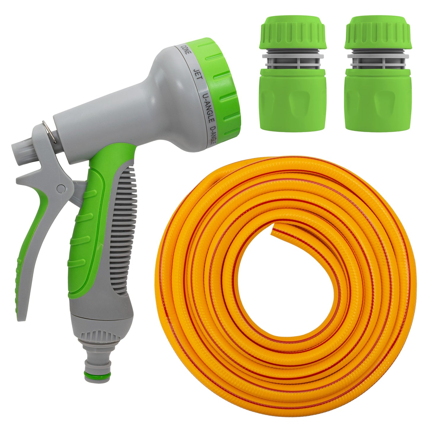 Grey and green hose gun with orange/yellow coiled hose and two green connectors