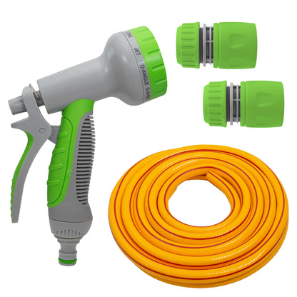 Hose gun with adjustable spray head, plus orange/yellow coiled hose and two green connectors