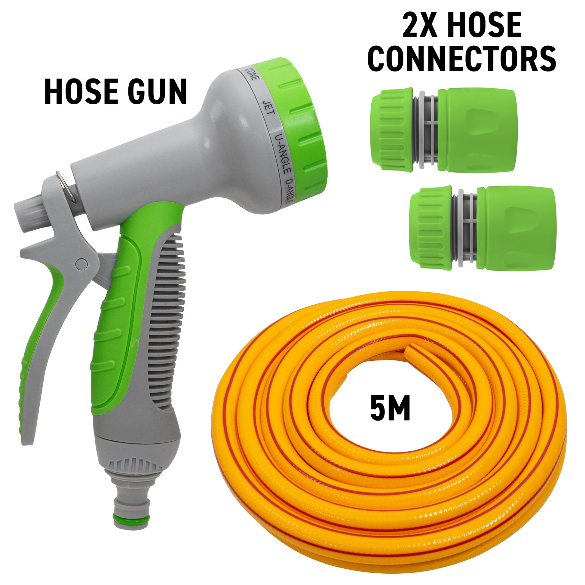 Hose gun, 5m orange/yellow hose, and 2 green hosepipe connectors