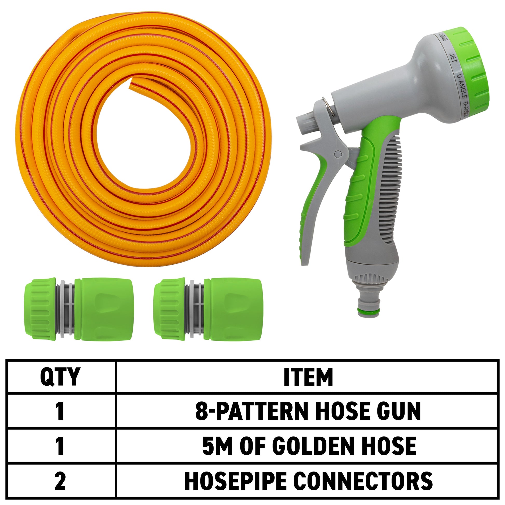 Coiled 5m orange/yellow hose, 8-pattern hose gun, and two green connectors