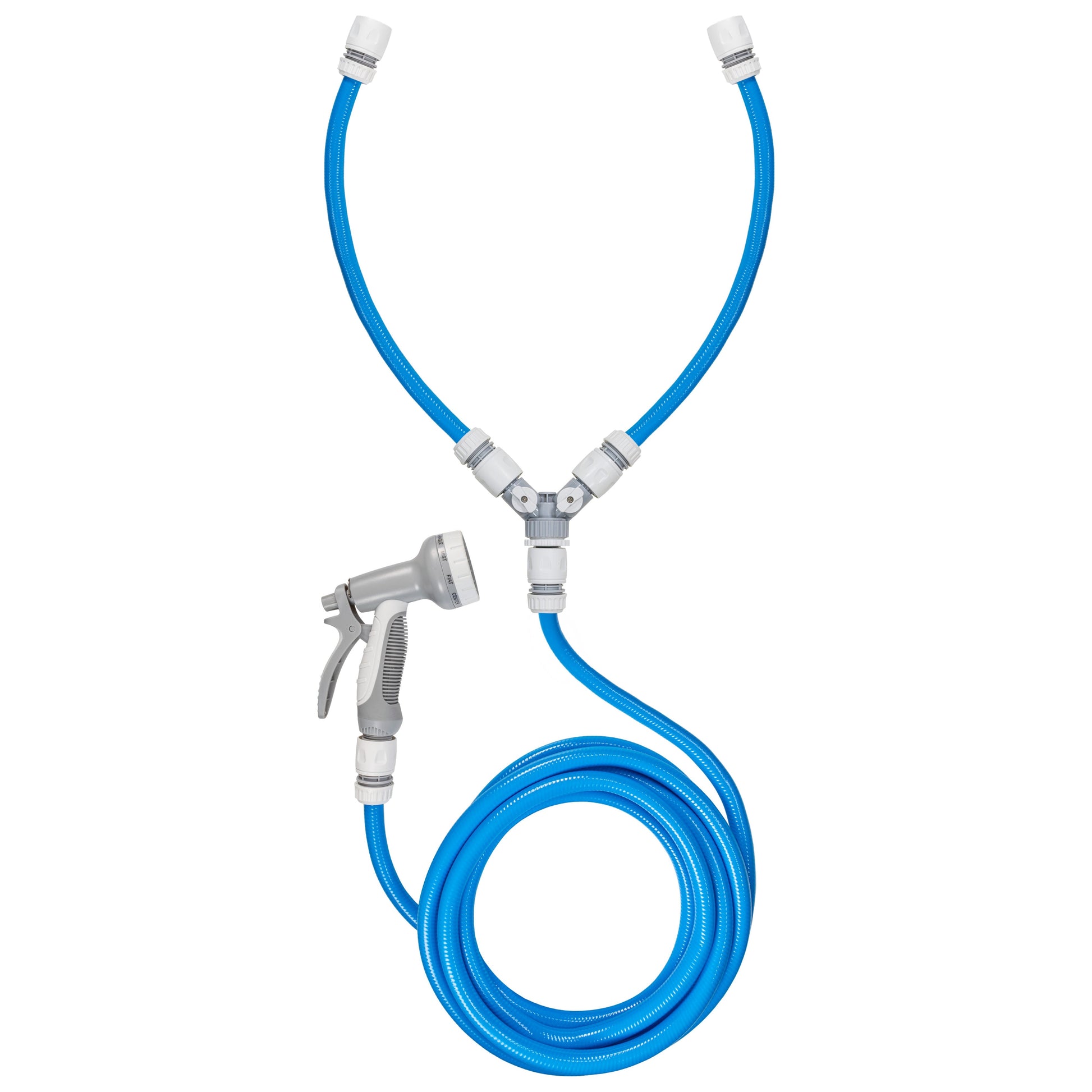 Dog shower mix hot/cold water with valves—blue braided hose and Y-mixer connectors