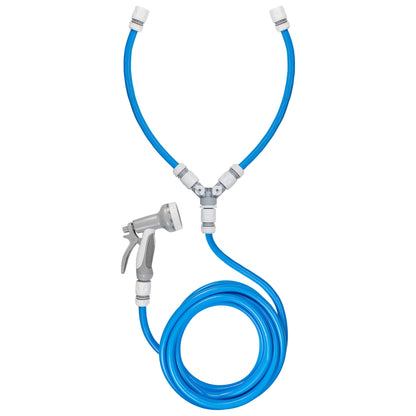 Dog shower mix hot/cold water with valves—blue braided hose and Y-mixer connectors
