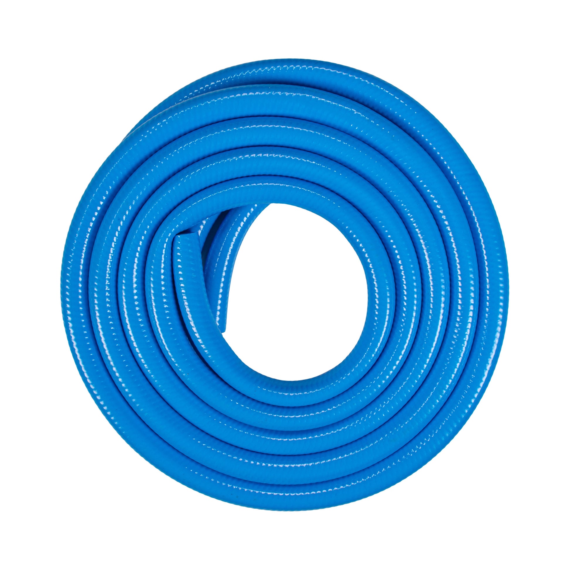 Coiled blue garden hose for dog shower system