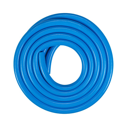 Coiled blue garden hose for dog shower system