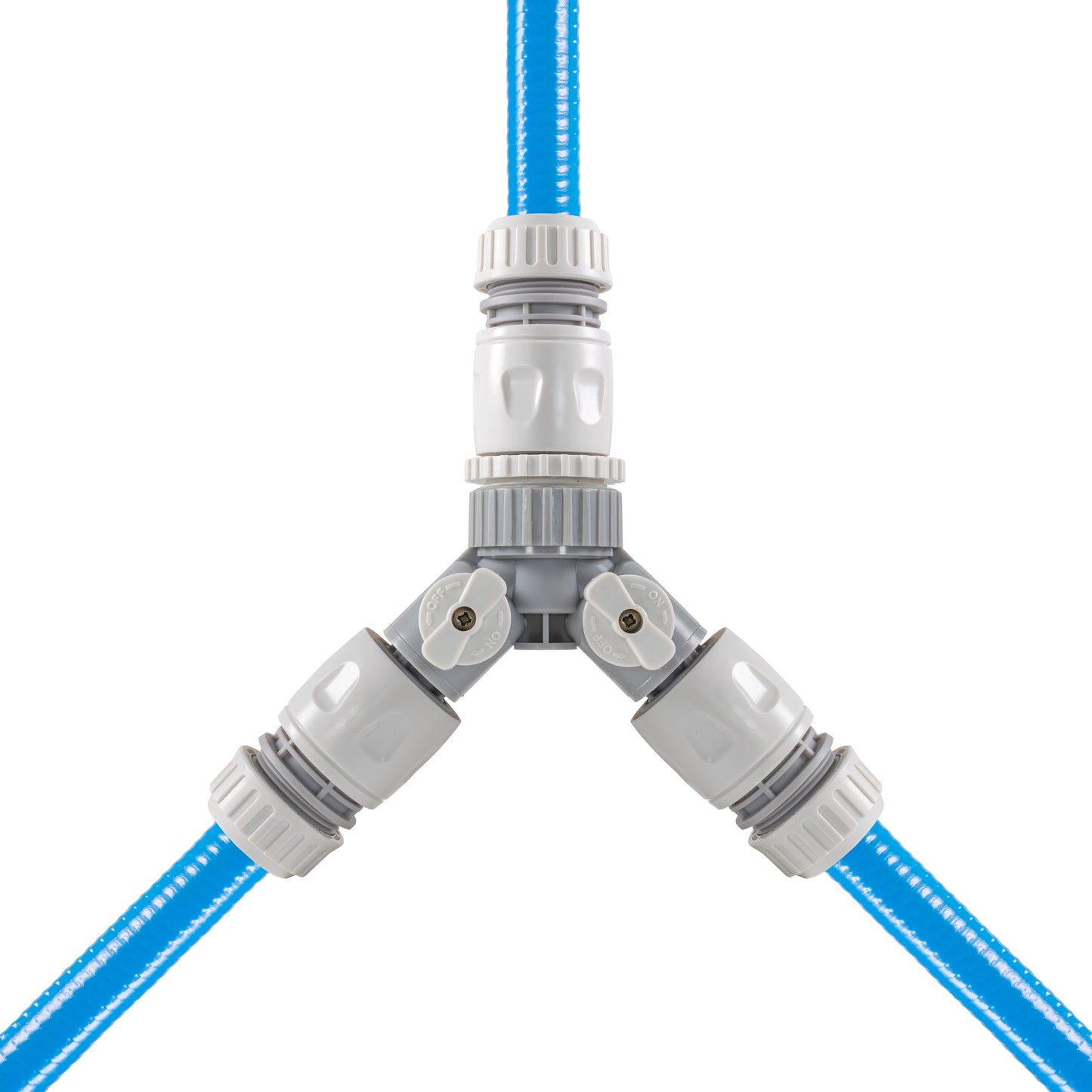 Dog shower hot/cold water mixer with valves, two switch knobs and blue hoses