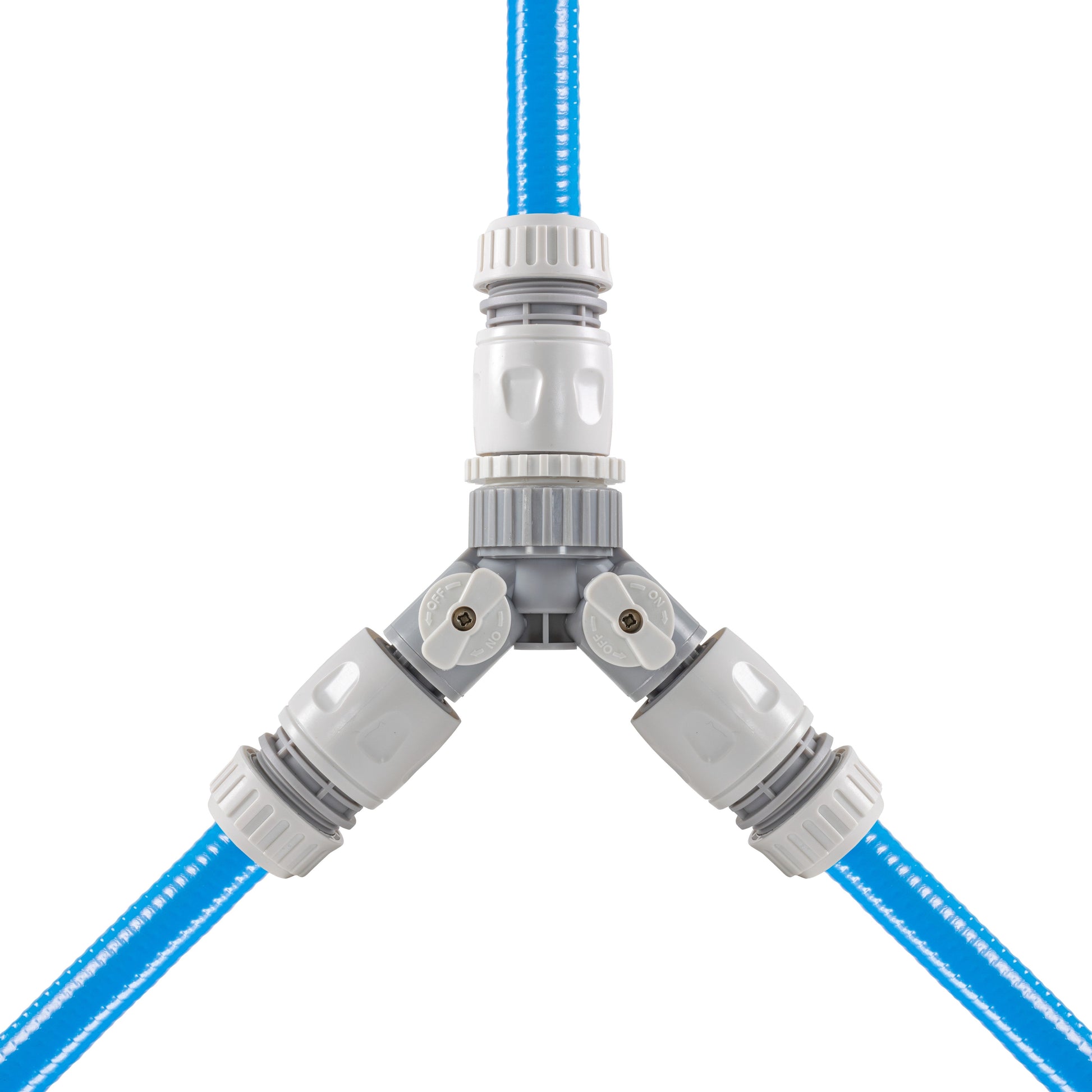 Dog shower hot/cold water mixer with valves, two switch knobs and blue hoses