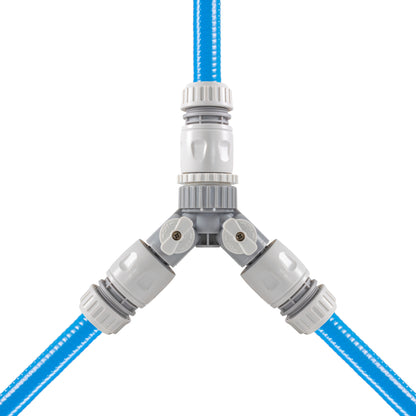 Dog shower hot/cold water mixer with valves, two switch knobs and blue hoses