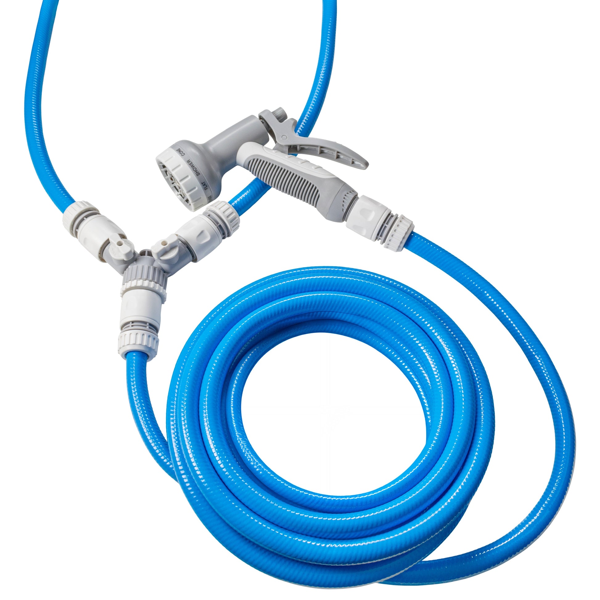 Blue braided hoses with 3-way valved mixer and hose gun for dog shower use
