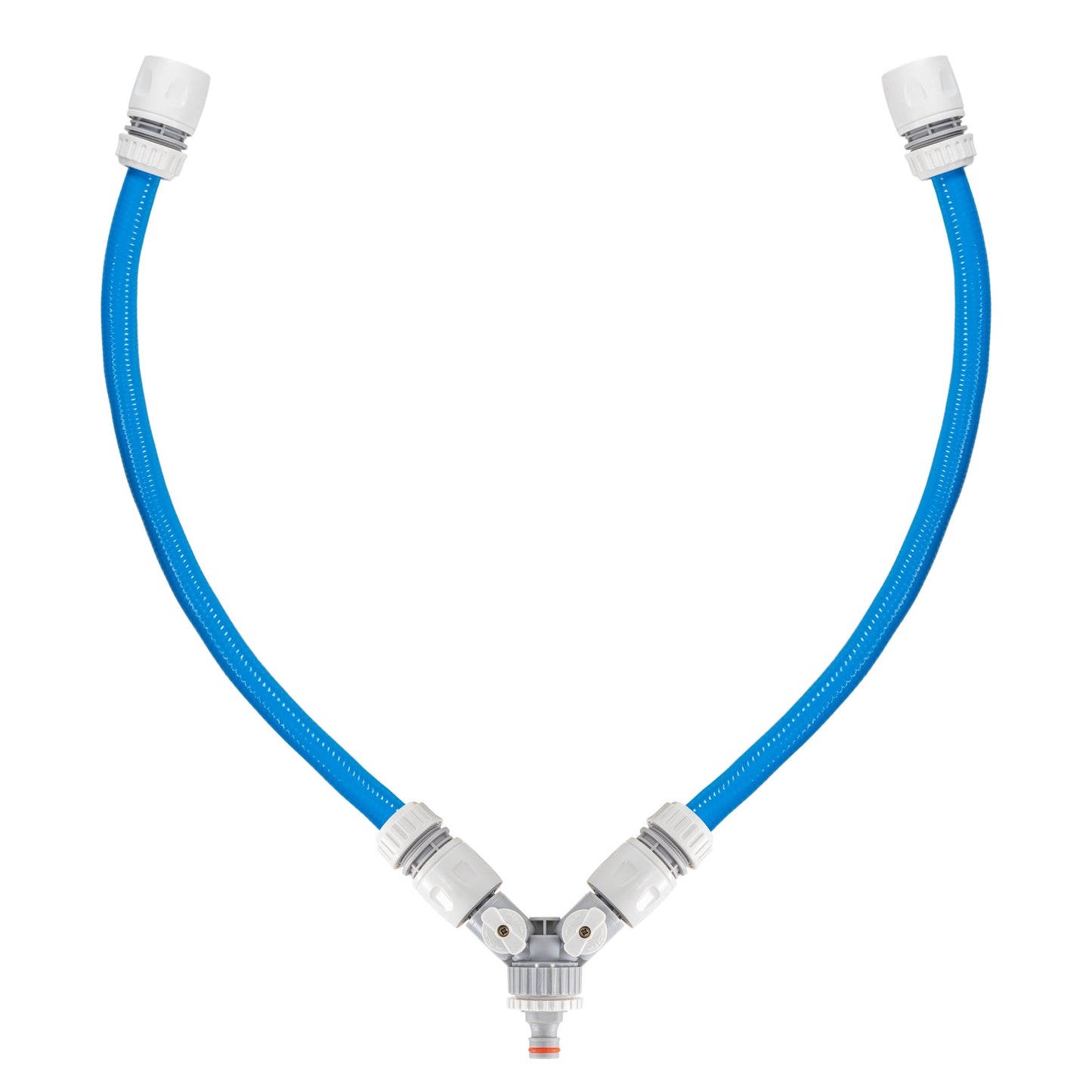 Blue hoses with mixer connector and hot/cold valve outlet for dog shower
