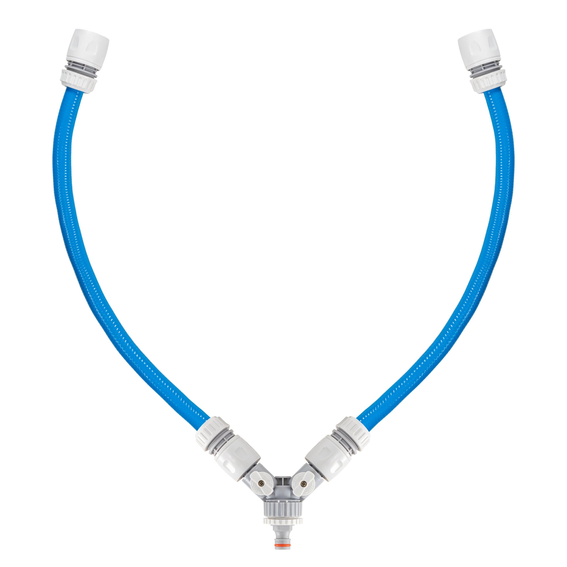 Blue hoses with mixer connector and hot/cold valve outlet for dog shower