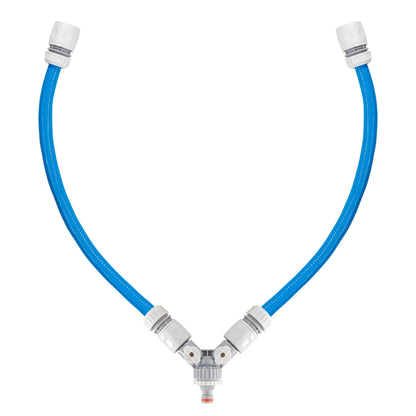 Blue hoses with mixer connector and hot/cold valve outlet for dog shower