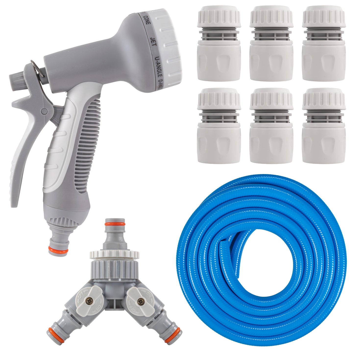 Hose gun, 3-way valved mixer, and blue hoses with multiple snap-on hose connectors