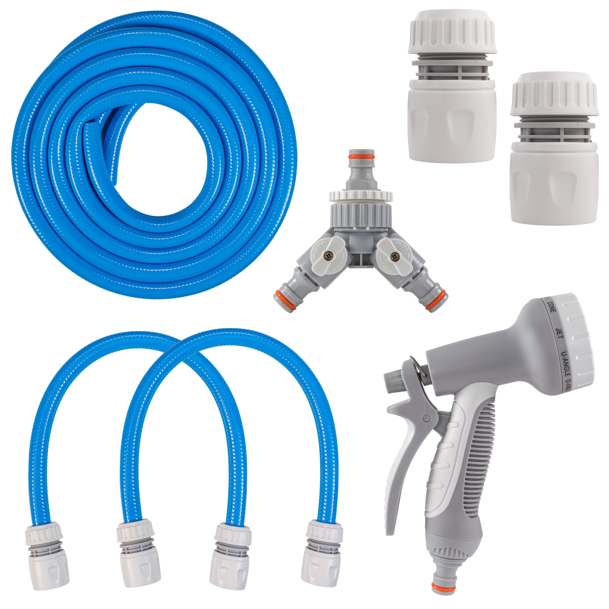 Blue braided hoses with 3-way mixer, snap connectors, and spray hose gun
