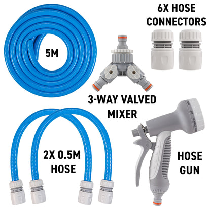 Bundle of blue hoses, 3-way valved mixer, and hose gun with connectors
