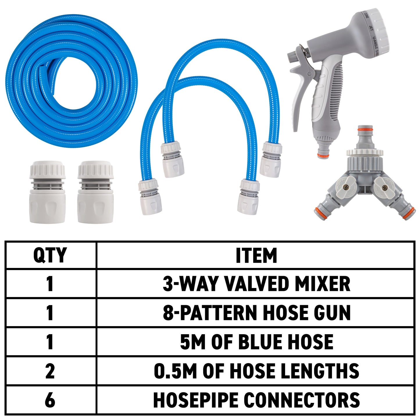 Blue hose kit with hose gun, 3-way valved mixer, and multiple hose connectors