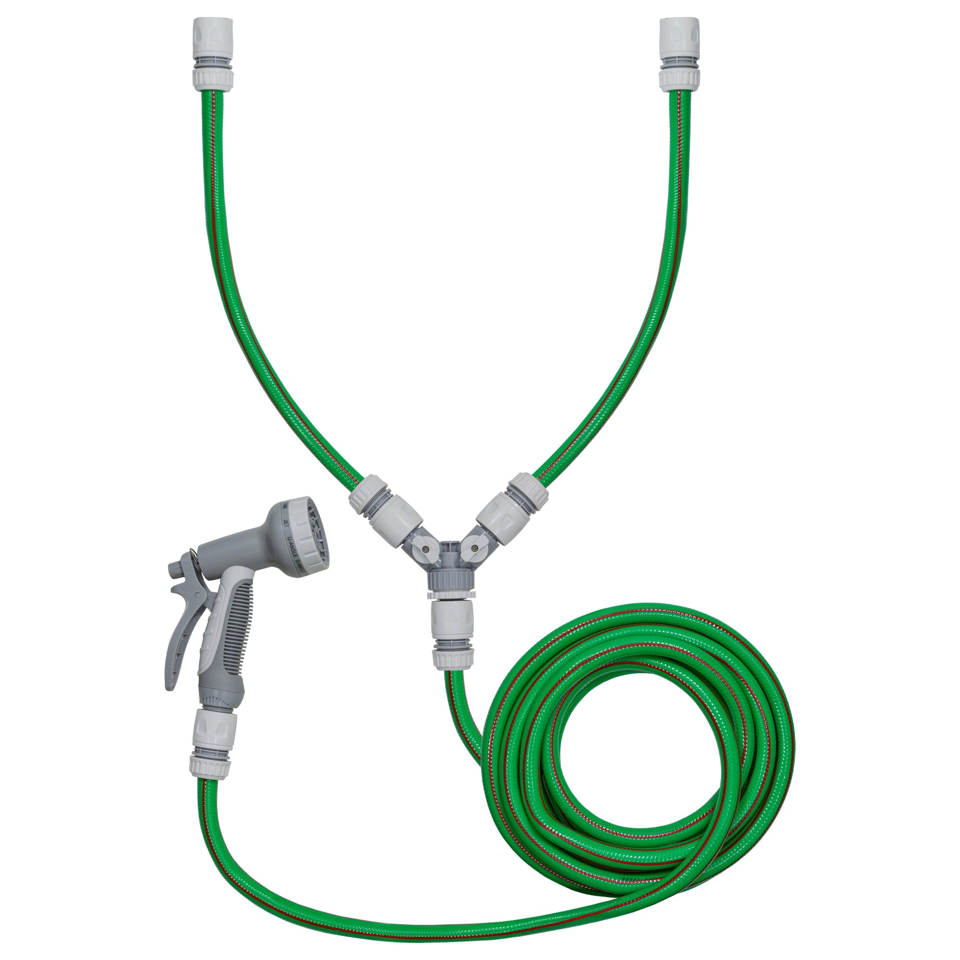 Dog shower hot/cold water mixer with valves, green hoses and spray gun