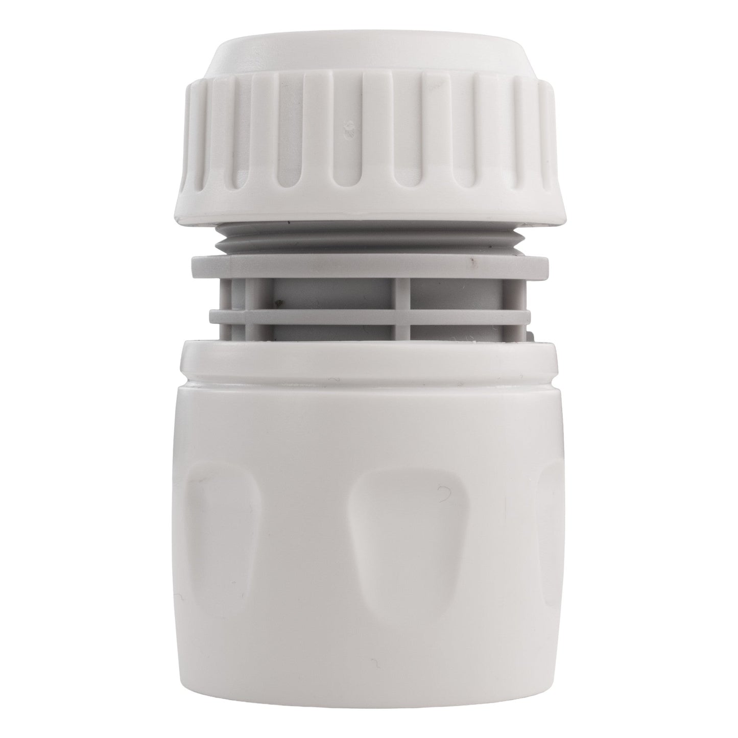 Dog shower mix adapter with ridged cap and valve housing, white plastic body