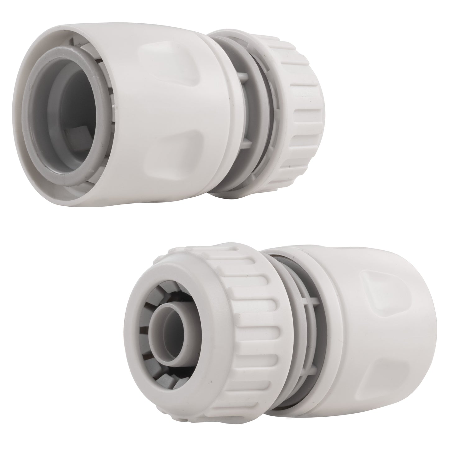 Dog shower mix water adapter, white plastic connector with ridged grip and open port
