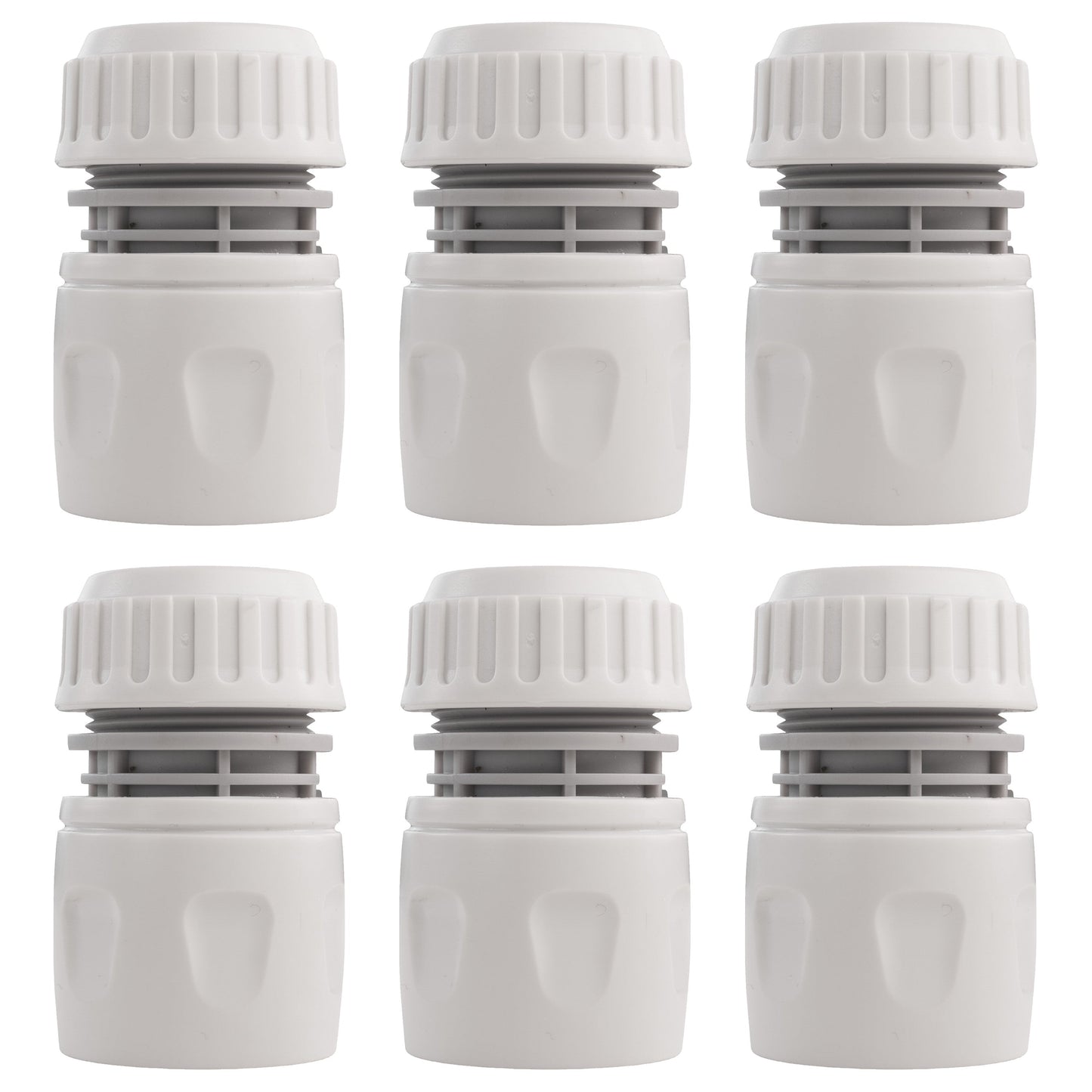 Set of dog shower mix hot/cold water adapters: six white plastic fittings with caps