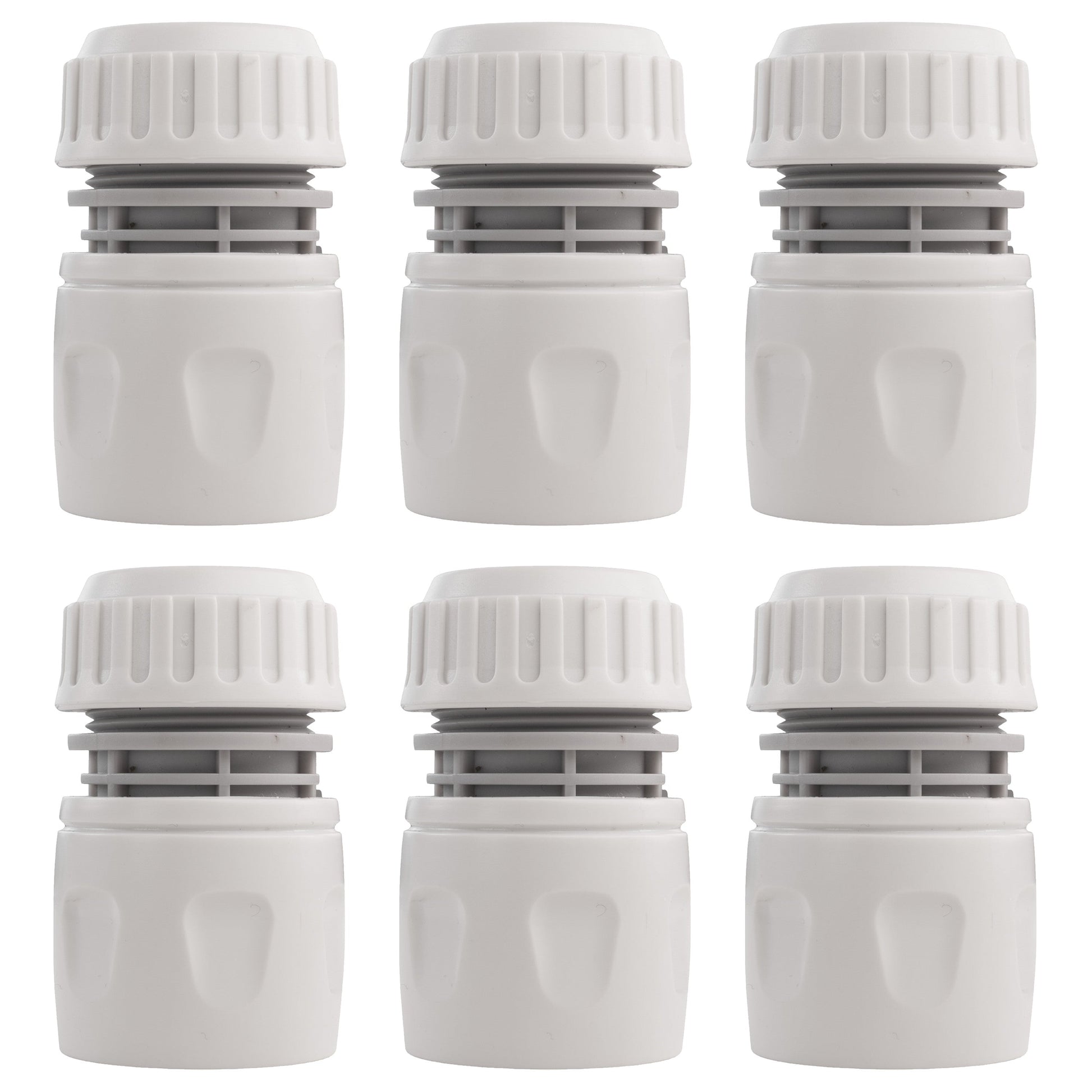 Set of dog shower mix hot/cold water adapters: six white plastic fittings with caps