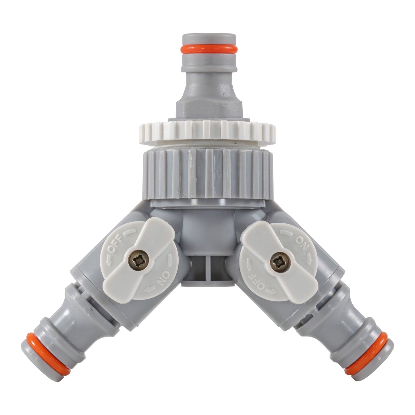 3-way valved mixer head with orange indicator caps and hose connectors