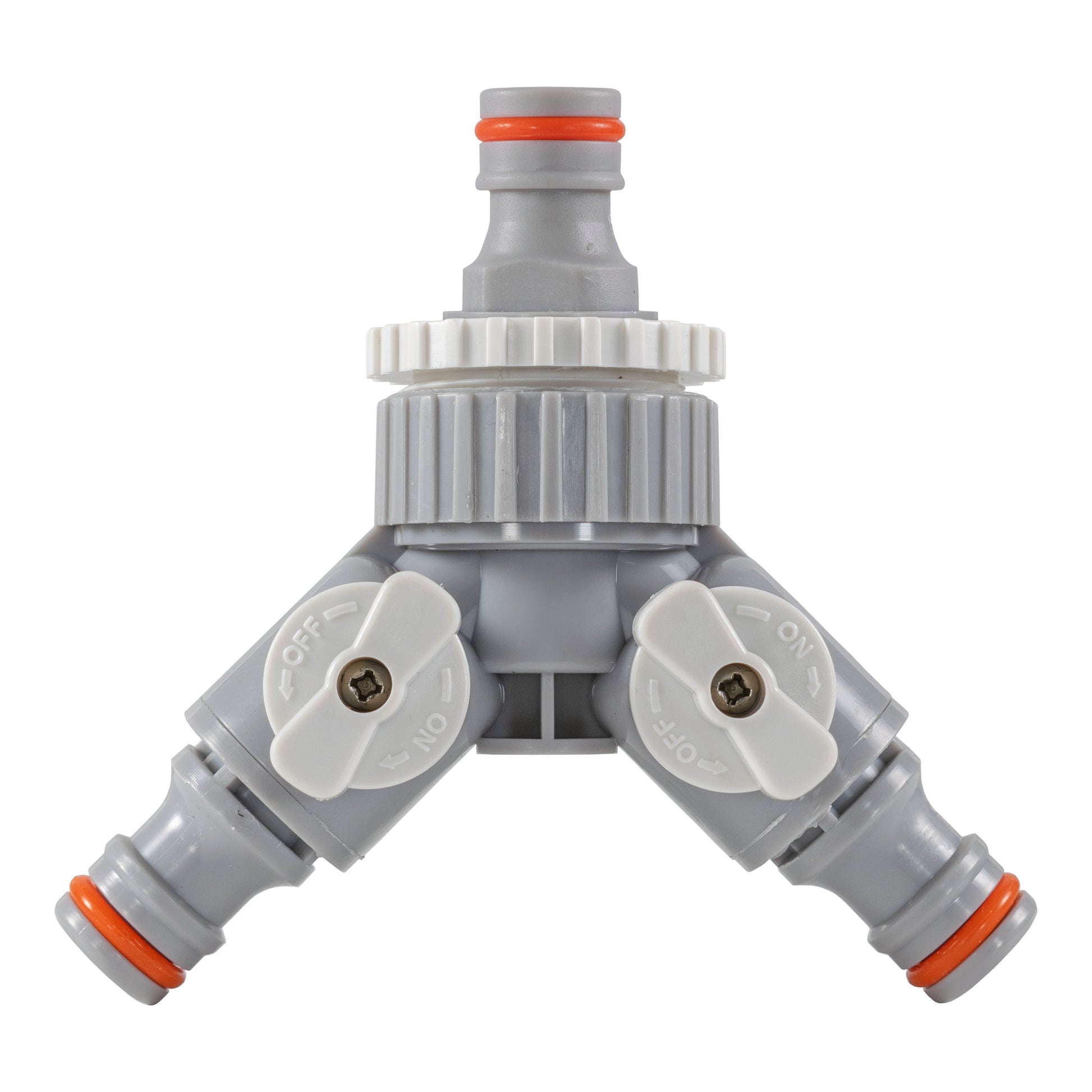 3-way valved mixer head with orange indicator caps and hose connectors