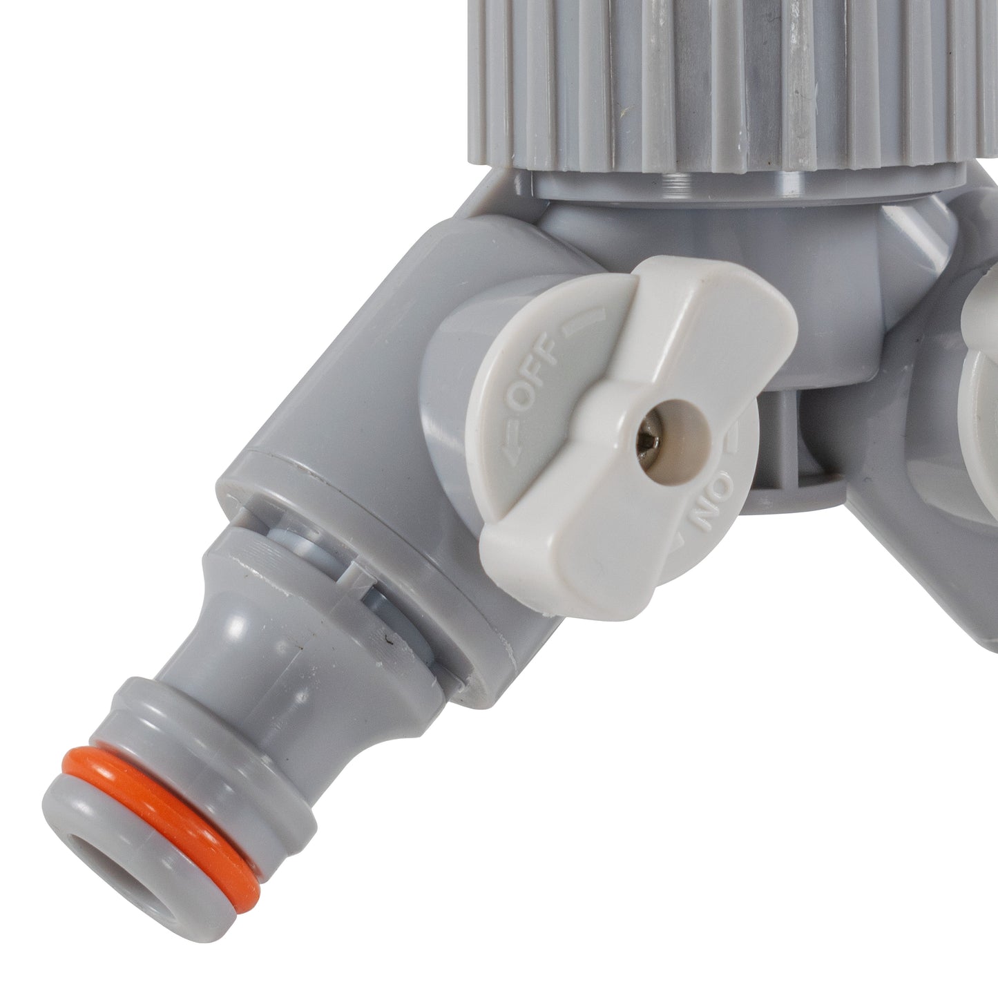 Close-up of mixer valve handle with OFF markings and orange sealing ring