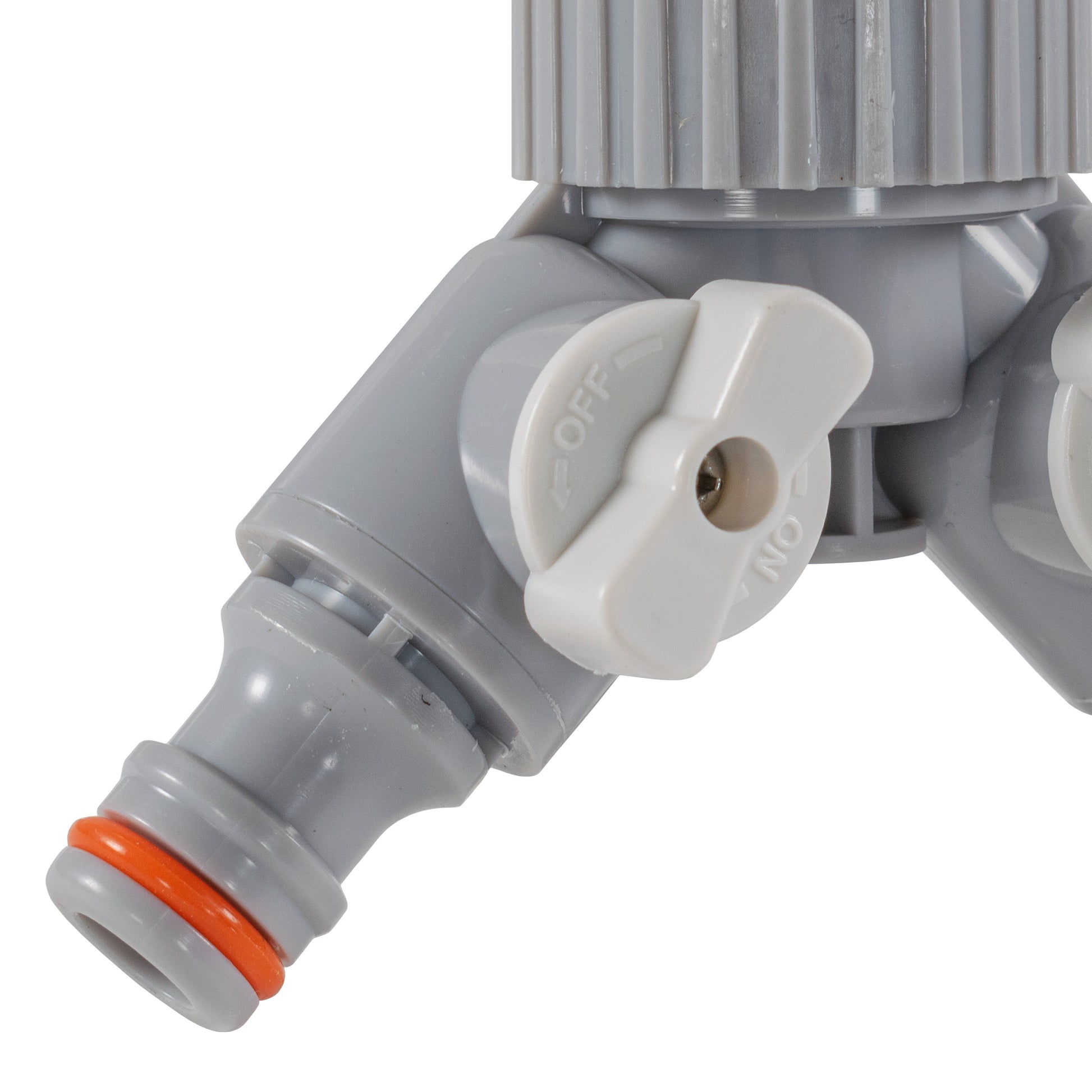 Close-up of mixer valve handle with OFF markings and orange sealing ring