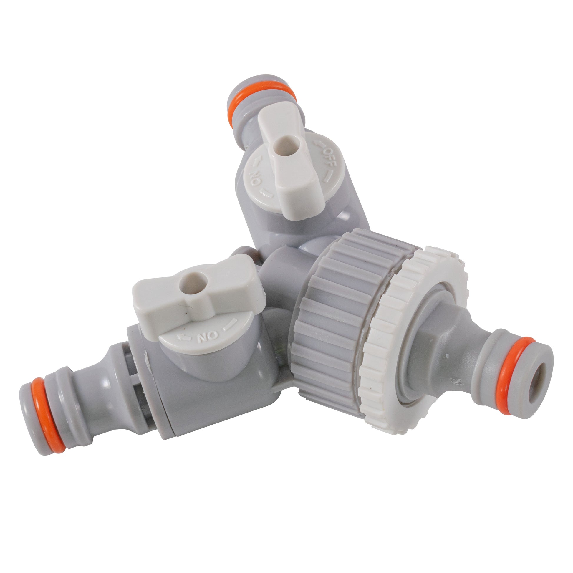 Detail of mixer connection with white control cap, grey fittings, and orange seals