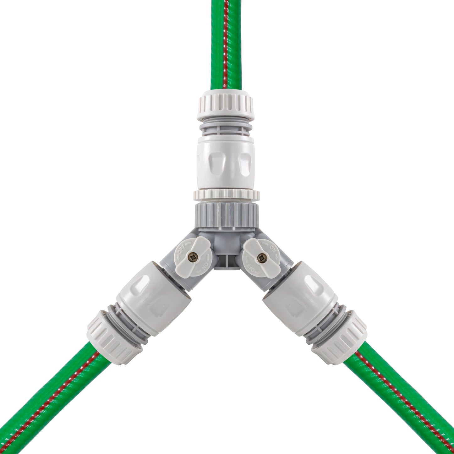 Top view of 3-way valved mixer joining two green hoses to central outlet