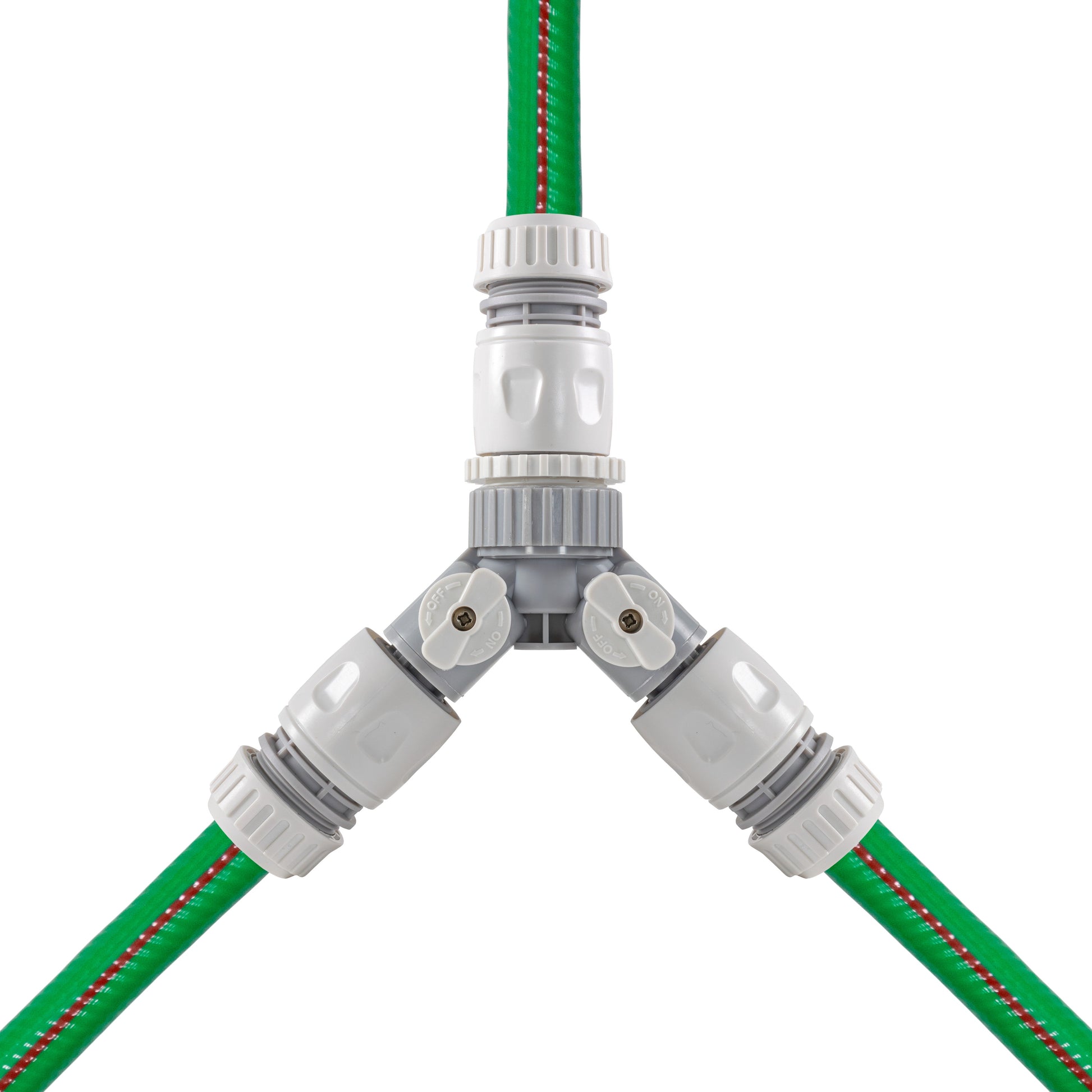 Top view of 3-way valved mixer joining two green hoses to central outlet