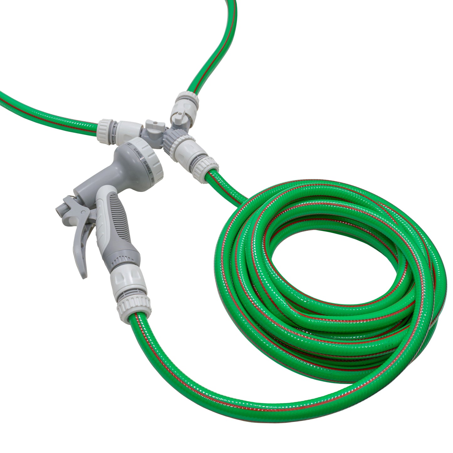 Dog shower hose gun with green braided hot/cold hoses and 3-way valved mixer
